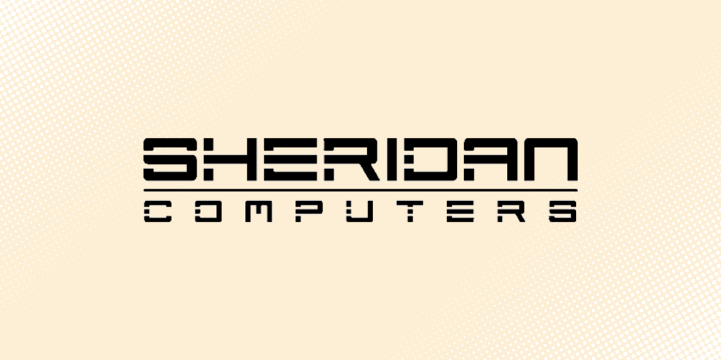 A pale yellow background with a black Sheridan Computers logo on it