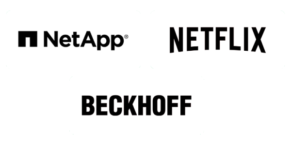A grid of three logos - NetApp, Netflic and Beckhoff.